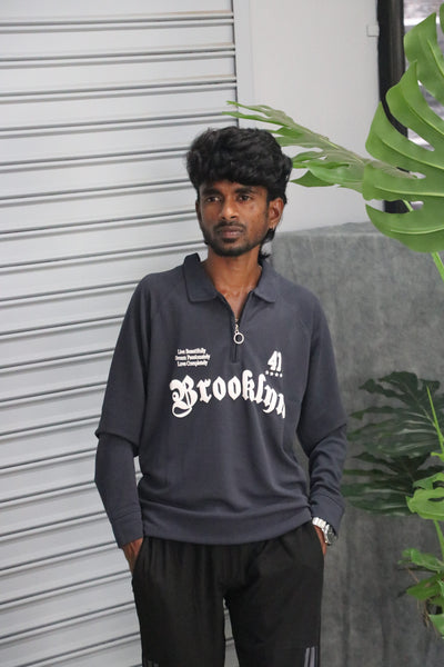 Men's Graphic BRROKLNN Printed Full Sleeve-Zip Sweatshirt | Streetwear Style - Grey