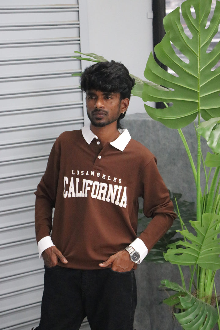 Men's Full Sleeve CALIFORNIA Collar T Shirt | Streetwear Style - Brown