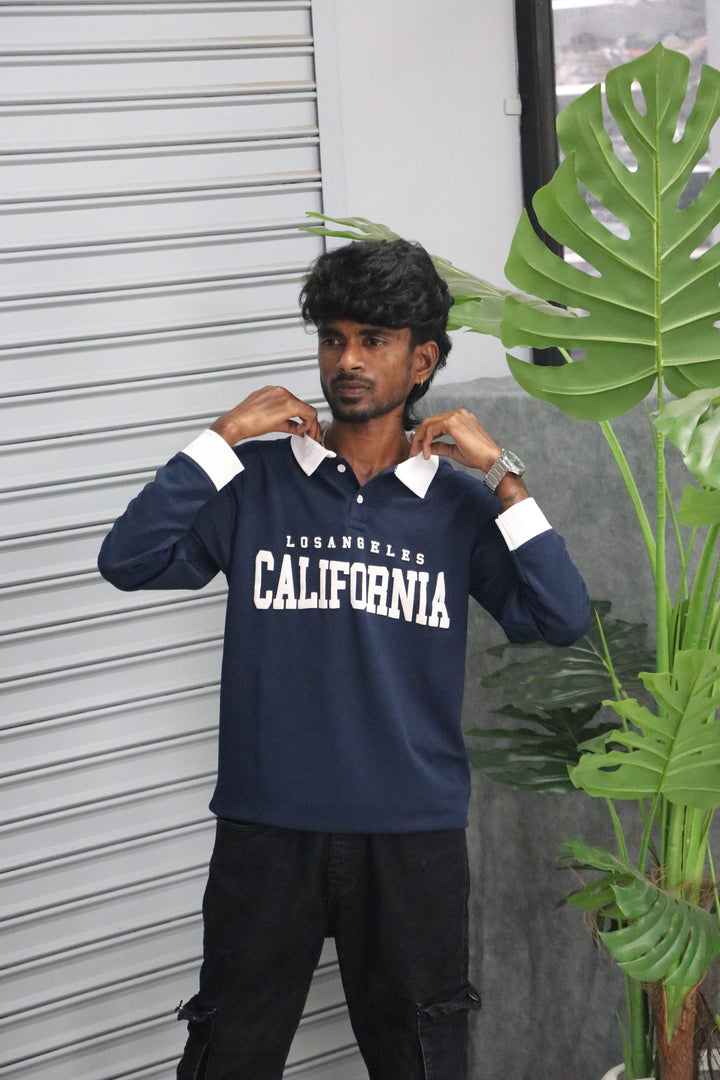 Men's Full Sleeve CALIFORNIA Collar T Shirt | Streetwear Style - Navy Blue