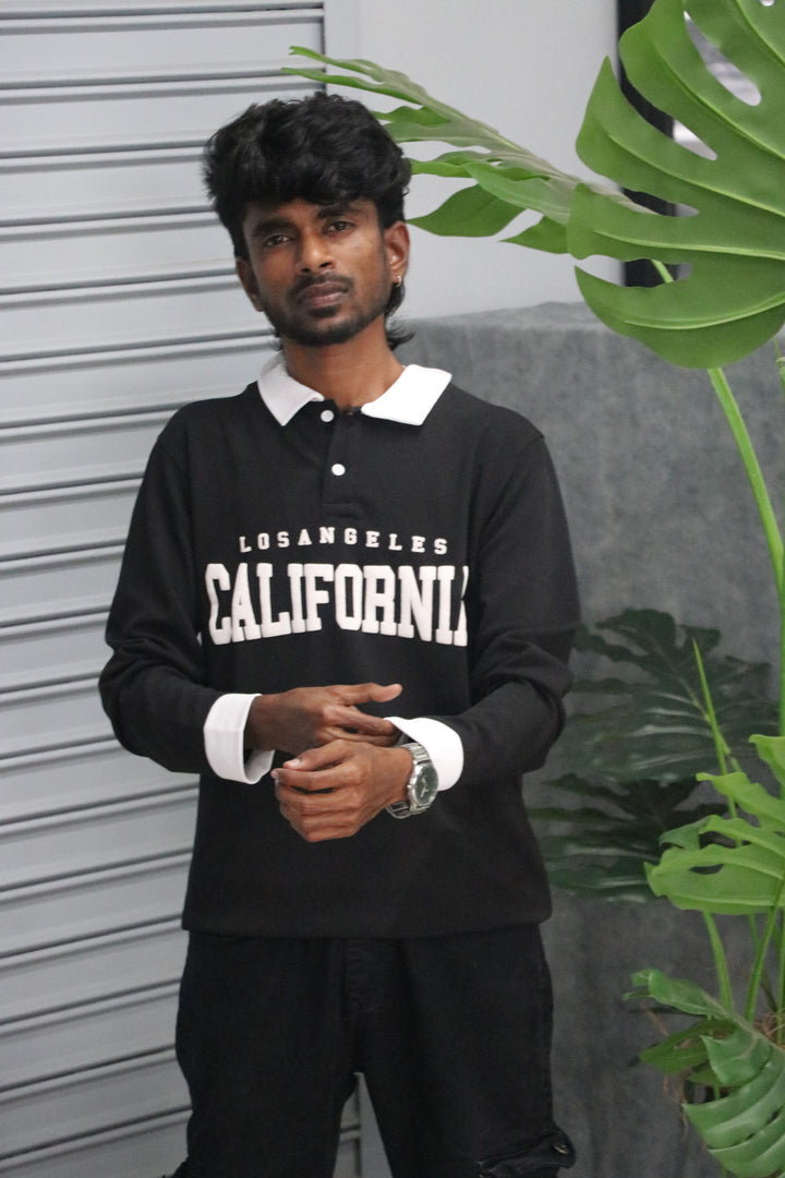 Men's Full Sleeve CALIFORNIA Collar T Shirt | Streetwear Style - Black