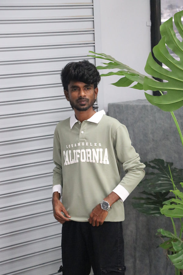 Men's Full Sleeve CALIFORNIA Collar T Shirt | Streetwear Style - Pistha Green