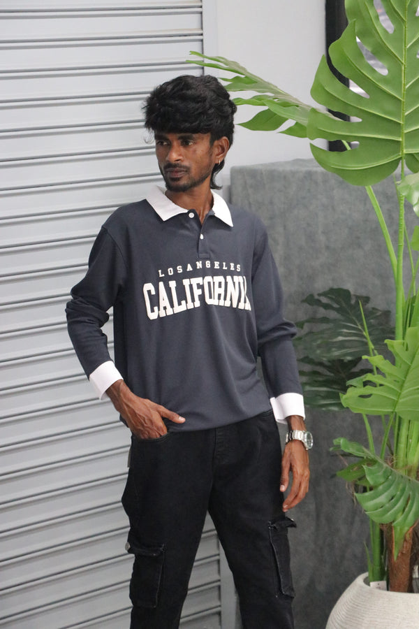 Men's Full Sleeve CALIFORNIA Collar T Shirt | Streetwear Style - Drak Grey