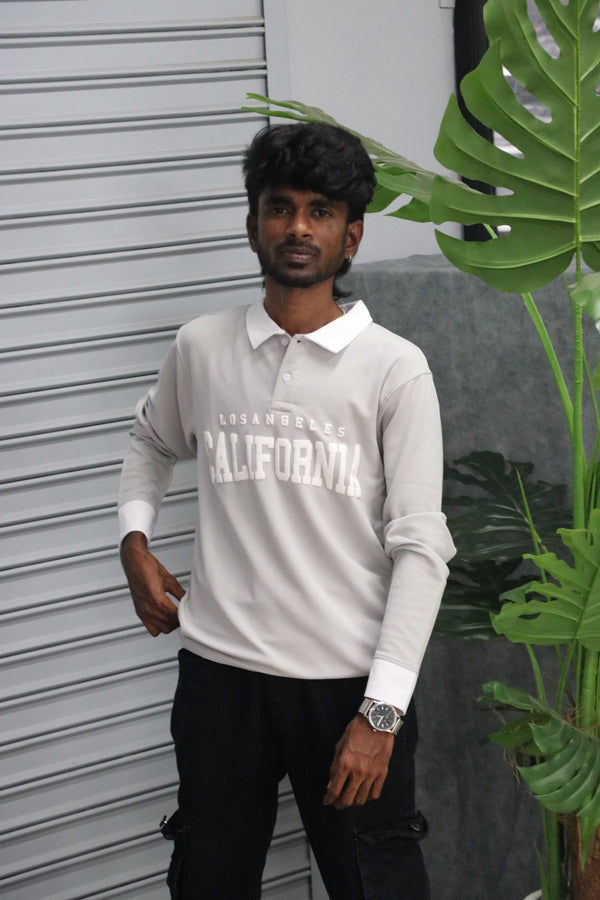 Men's Full Sleeve CALIFORNIA Collar T Shirt | Streetwear Style - Ash