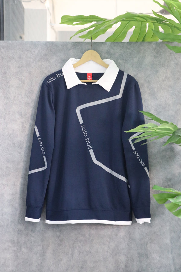 Men's Full Sleeve Collar T Shirt- Sweatshirt | Streetwear Style - Navy Blue