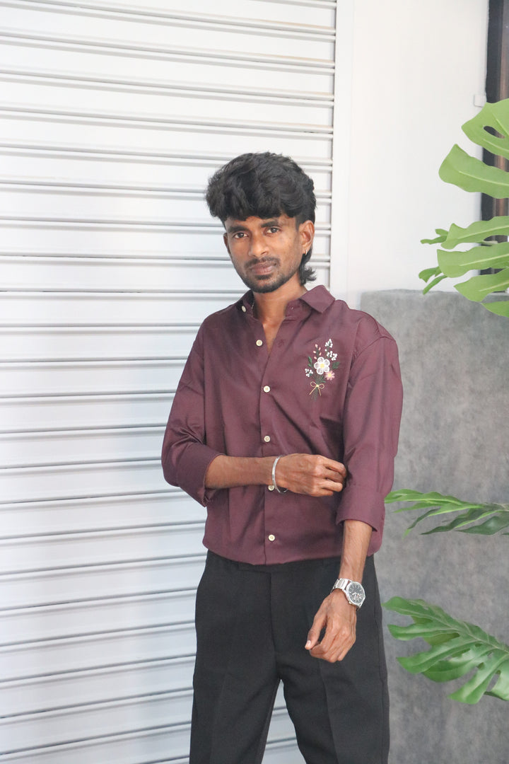 Men’s Premium Embroidered Casual Full Sleeve Shirt FLOWER  – Maroon
