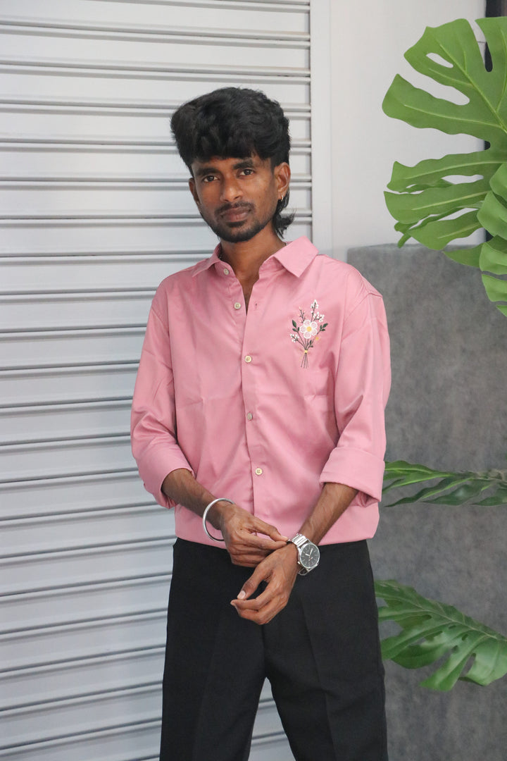 Men’s Premium Embroidered Casual Full Sleeve Shirt FLOWER – Pink