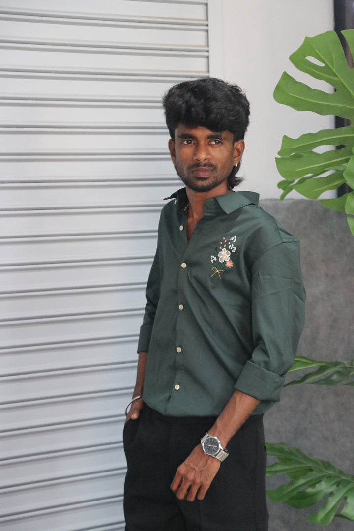 Men’s Premium Embroidered Casual Full Sleeve Shirt FLOWER – Dark Green