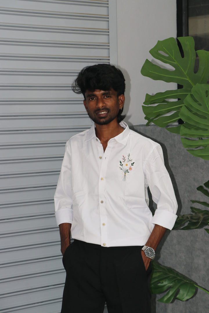Men’s Premium Embroidered Casual Full Sleeve Shirt FLOWER– White