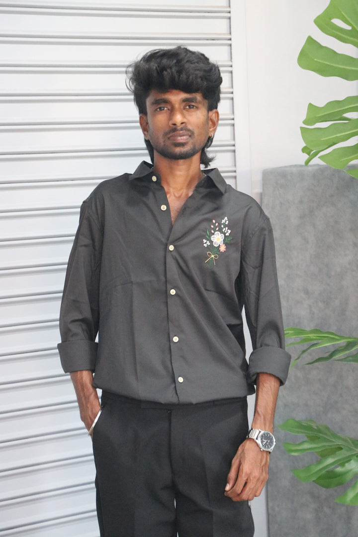 Men’s Premium Embroidered Casual Full Sleeve Shirt FLOWER – Black