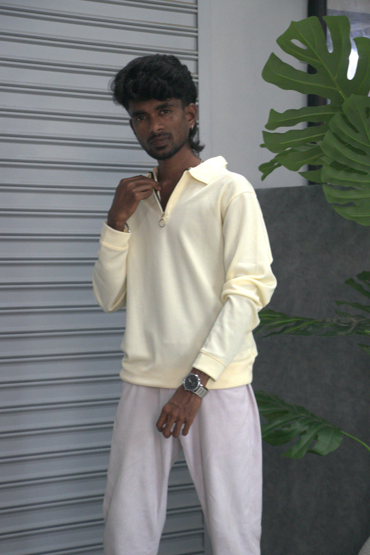 Men’s Mario Rib Full Sleeve Zipper T-Shirt – Premium Casual Wear - Cream