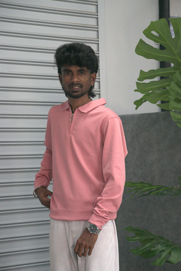 Men’s Mario Rib Full Sleeve Zipper T-Shirt – Premium Casual Wear - Pink