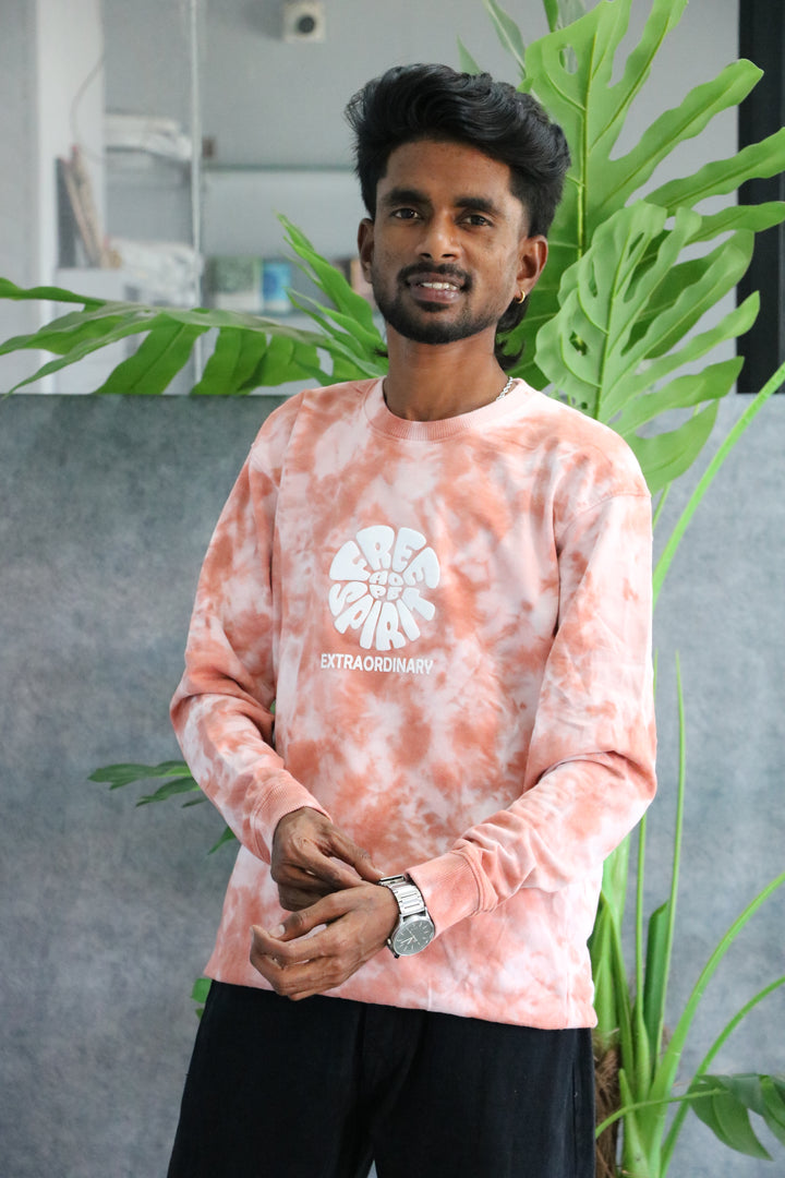 Men's FREE SPIRIT Graphic Crewneck Sweatshirt | Tie Dye Casual Wear - Peach