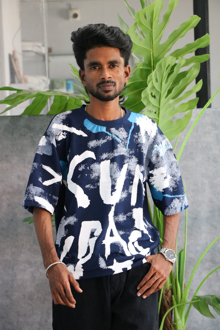 Men's Oversized Graphic T-Shirt | Abstract Printed Streetwear - Navy Blue
