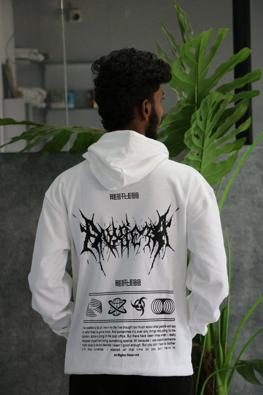 Restless Gothic Full Sleeve Graphic Hoodie for Men – White – alternate view – 7MAN India
