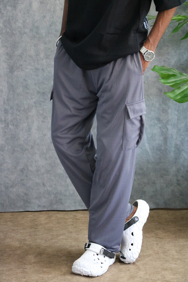 Men's Wide-Leg Textured Cargo Pants with Drawstring-Gray