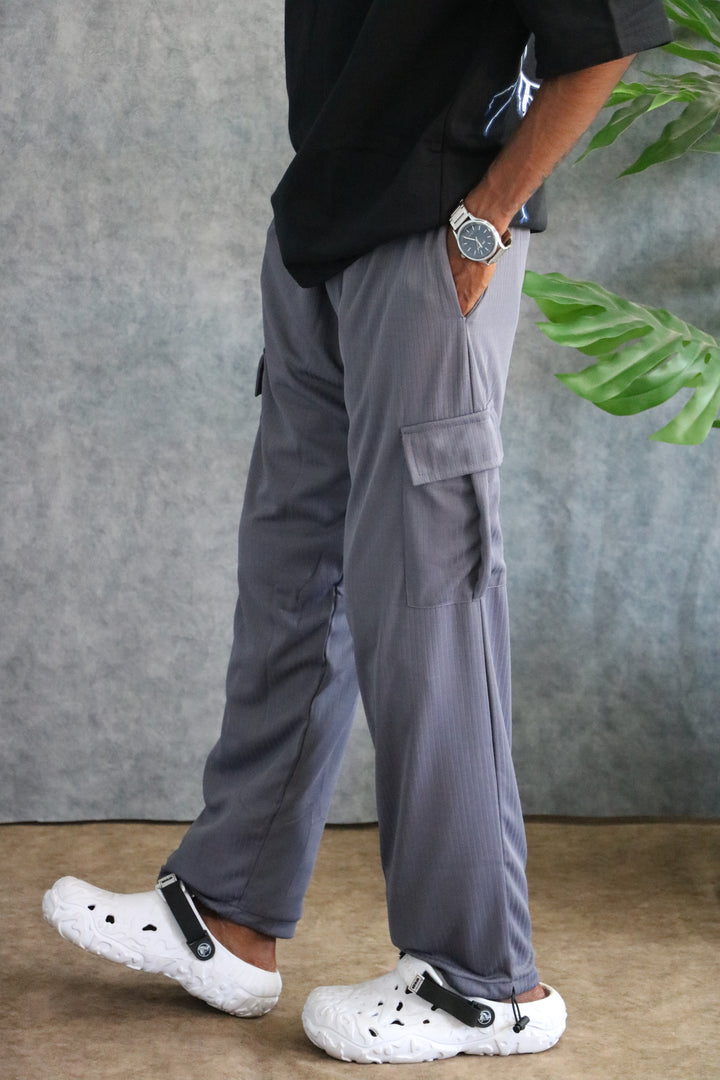 Men's Wide-Leg Textured Cargo Pants with Drawstring-Gray