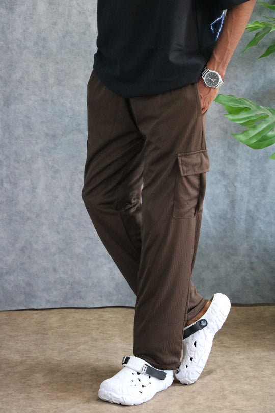 Men's Wide-Leg Textured Cargo Pants with Drawstring-Brown – 7MAN Men's Fashion India