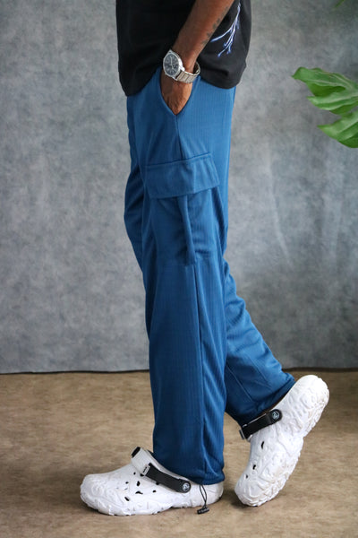 Men's Wide-Leg Textured Cargo Pants with Drawstring- Blue