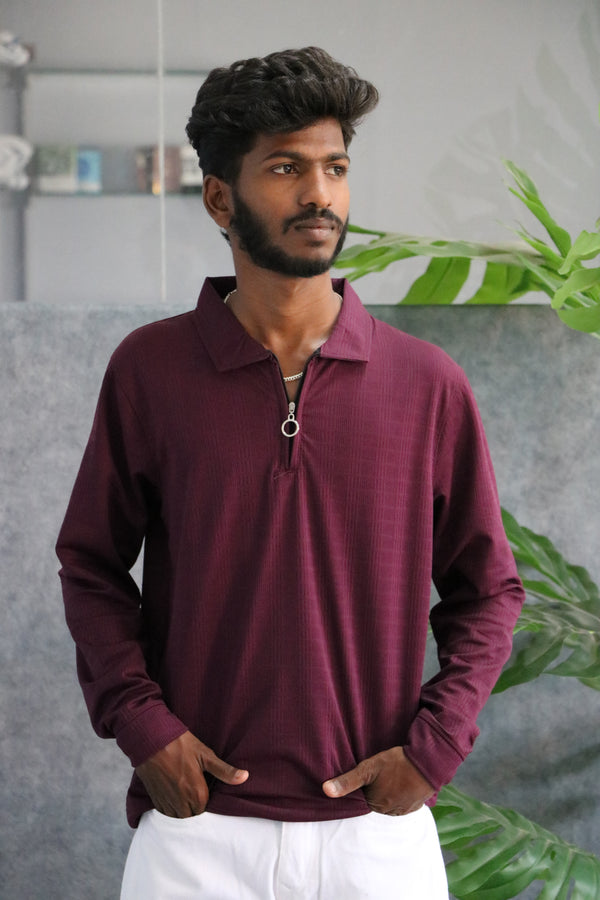 Men's Full Sleeve Half Zip Textured Polo T-Shirt - Maroon