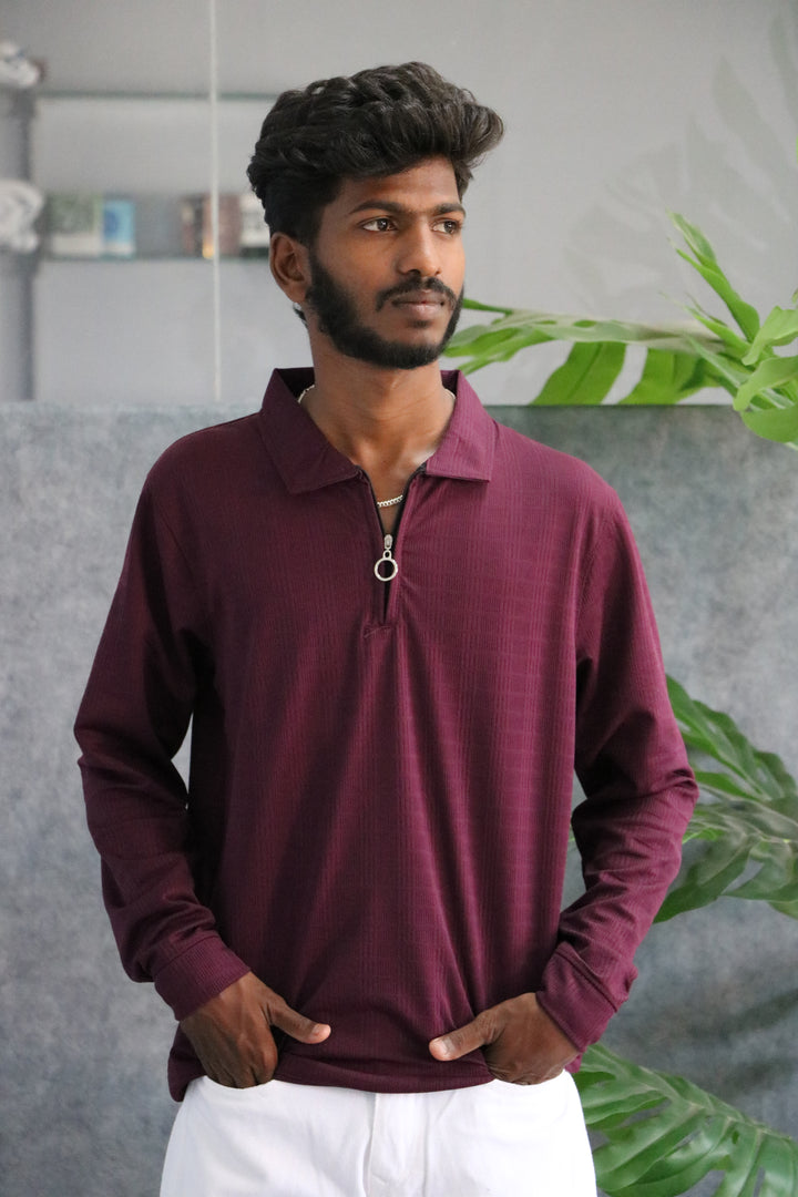 Men's Full Sleeve Half Zip Textured Polo T-Shirt - Maroon