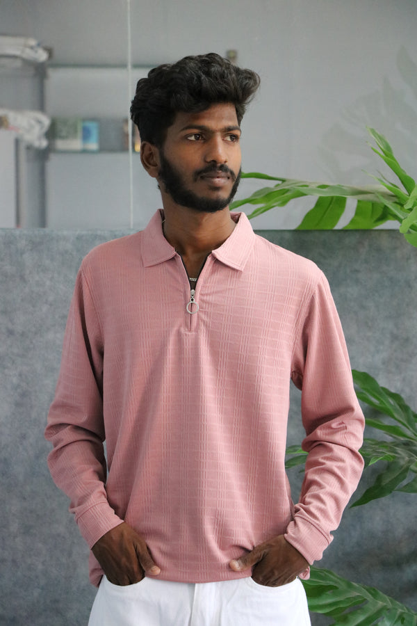 Men's Full Sleeve Half Zip Textured Polo T-Shirt - Pink