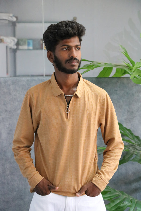 Men's Full Sleeve Half Zip Textured Polo T-Shirt - Brown