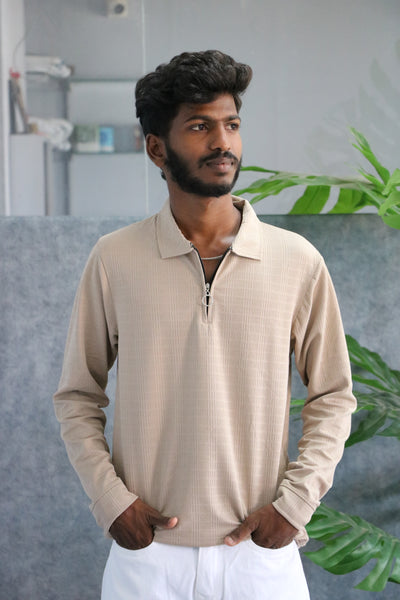 Men's Full Sleeve Half Zip Textured Polo T-Shirt - Beige