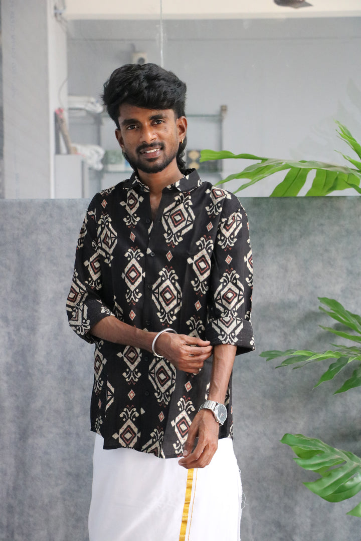 Men's Full Sleeve Ikat Printed Casual Shirt - Black