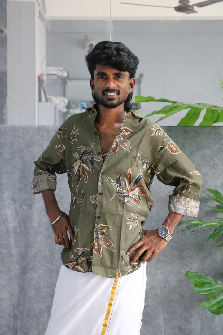 Men's Full Sleeve Tropical Leaf Casual Shirt - Olive