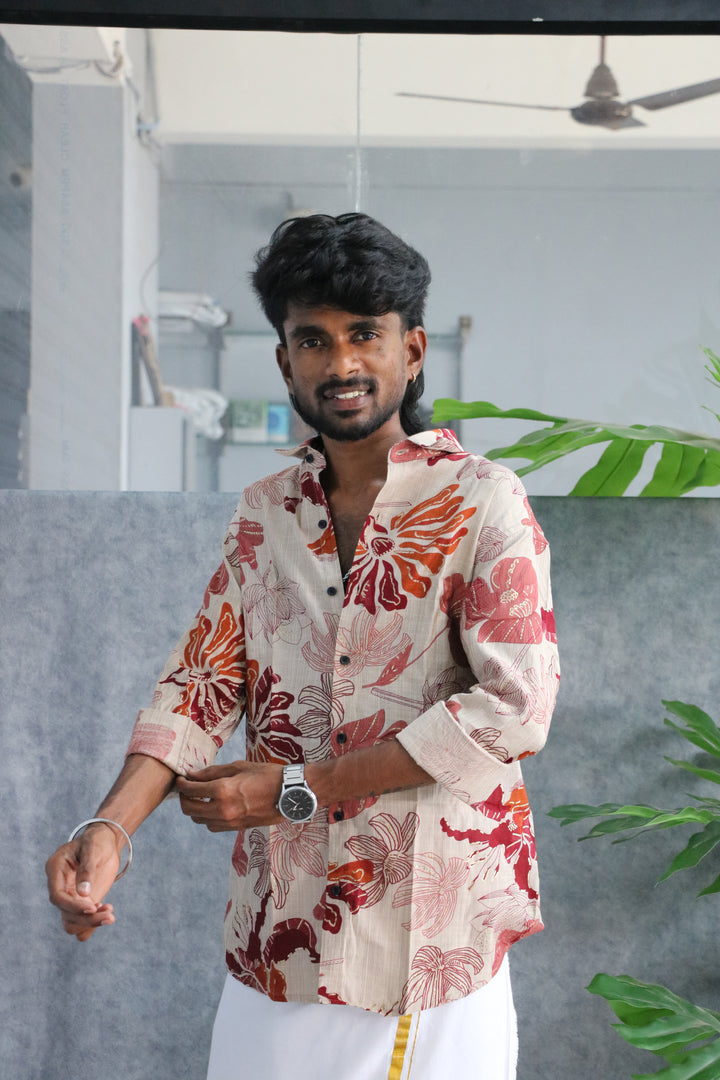 Men's Full Sleeve Botanical Print Shirt - Beige & Red