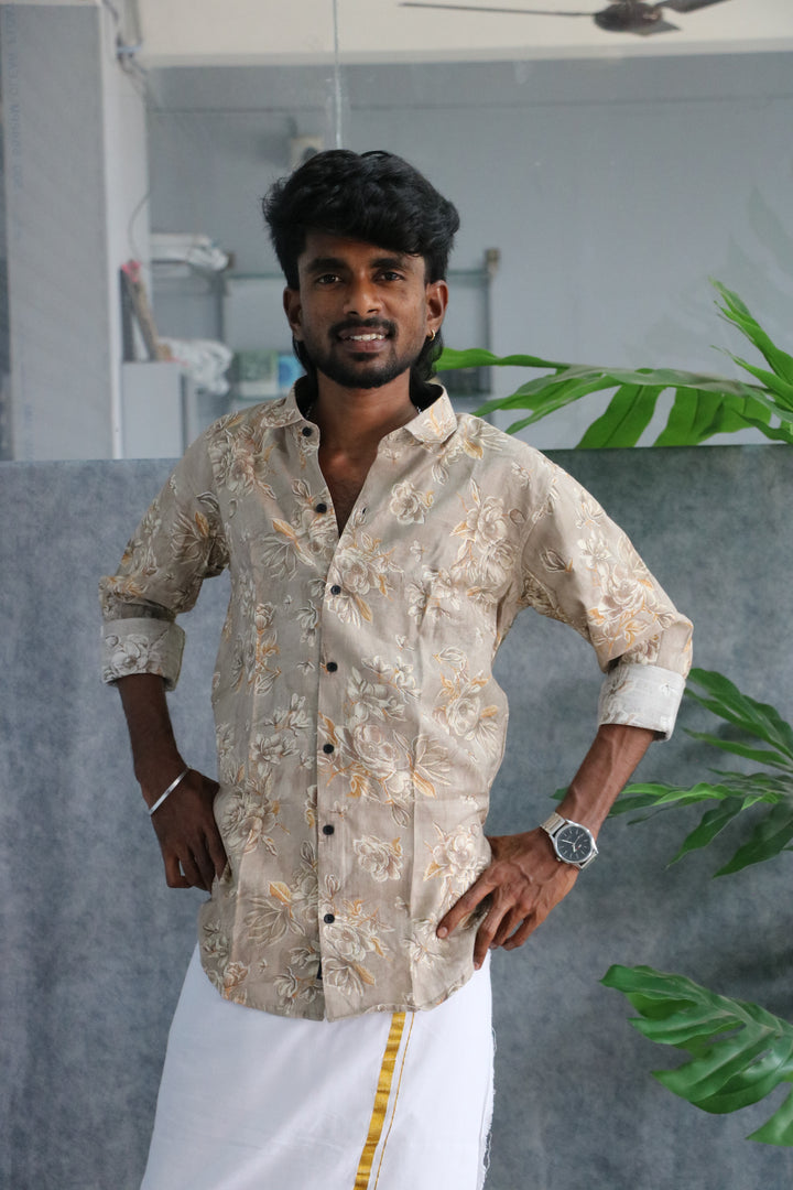 Men's Full Sleeve Floral Printed Casual Shirt - Cream