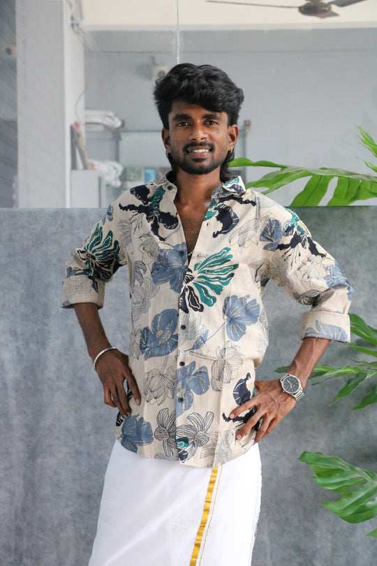 Men's Full Sleeve Lotus Print Casual Shirt - Off-White – 7MAN Men's Fashion India
