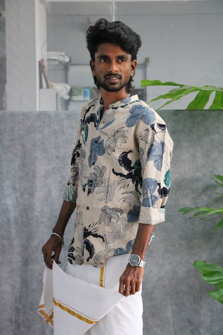 Floral Chinese Collar Full Hand Shirt | Casual Ethnic Wear - Beige