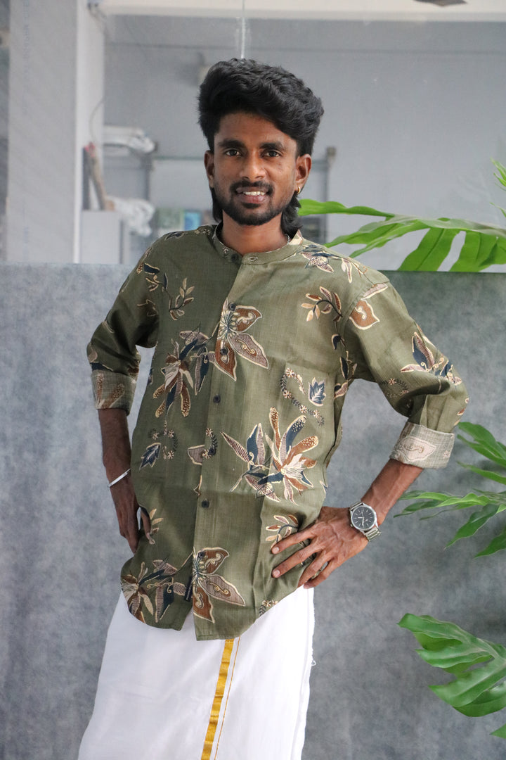 Printed Chinese Collar Full Hand Shirt | Trendy Casual Wear - Olive Green
