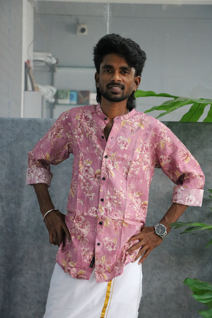 Floral Mandarin Collar Full Hand Shirt | Stylish Ethnic Wear - Pink