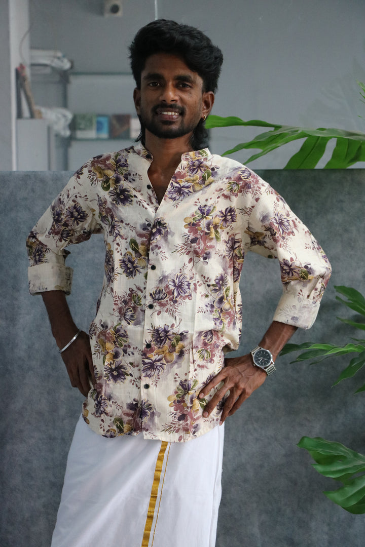 Printed Mandarin Collar Full Hand Shirt | Modern Casual Wear - Off White