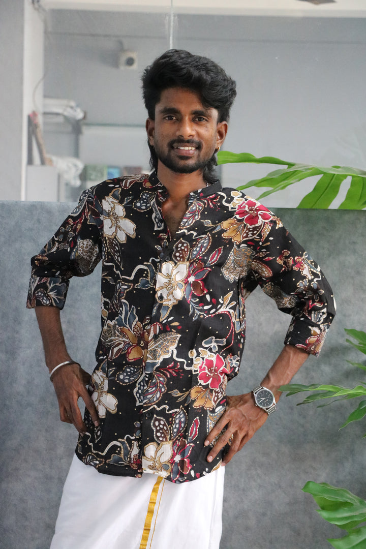 Floral Chinese Collar Full Hand Shirt | Trendy Summer Wear - Black