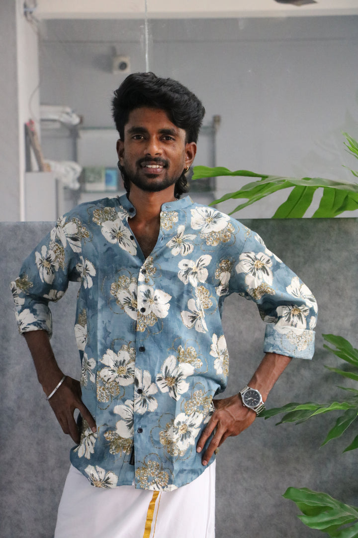 Printed Chinese Collar Full Sleeve Shirt | Stylish Casual Wear - Sky Blue