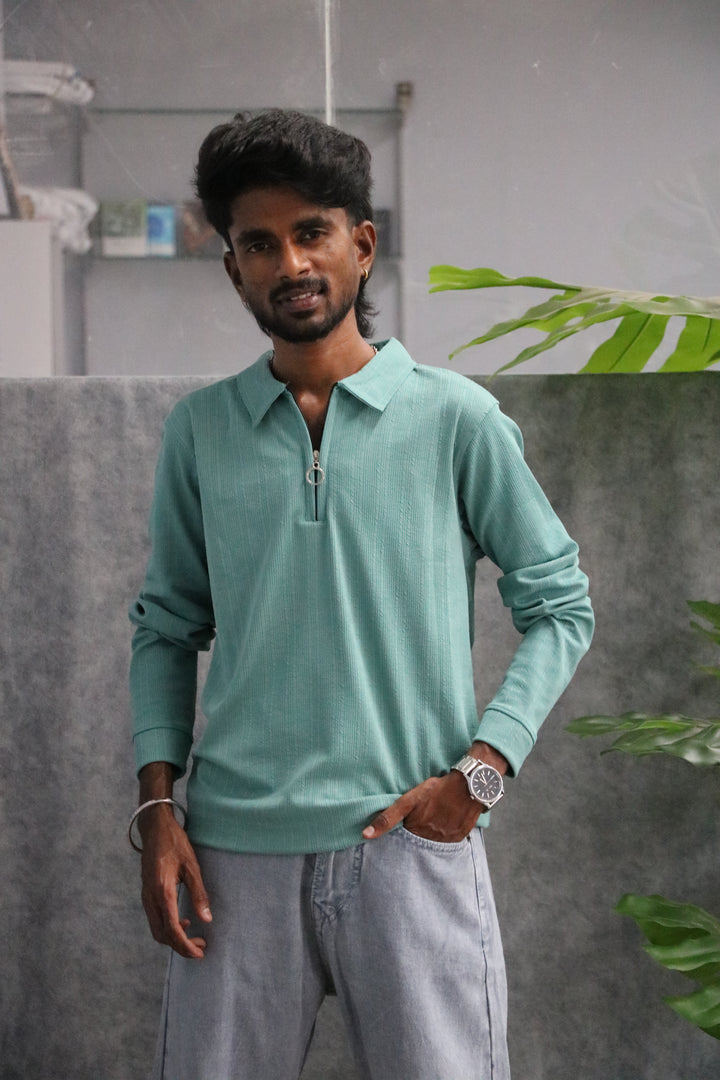 Men's Full Sleeve Quarter Zip Collar Casual Top Tshirt - Mint Green