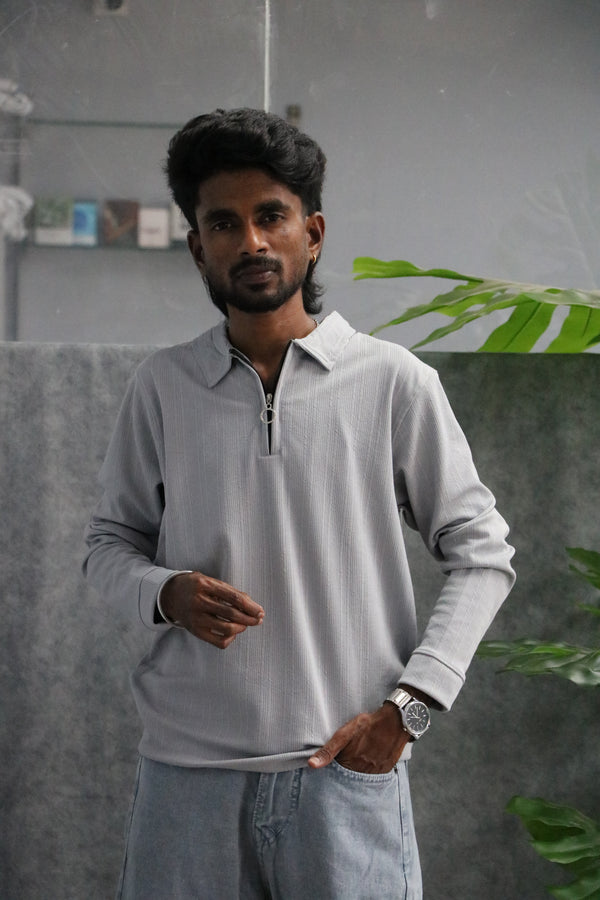 Men's Full Sleeve Quarter Zip Collar Casual Top Tshirt - Grey