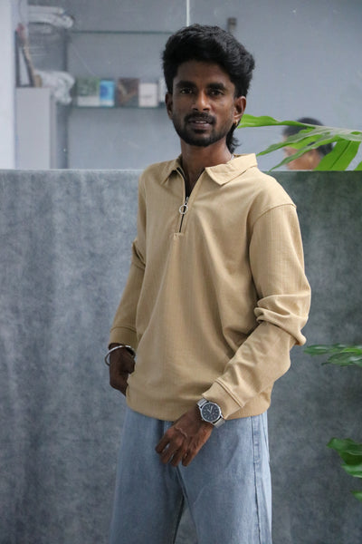Men's Full Sleeve Quarter Zip Collar Casual Top Tshirt - Beige