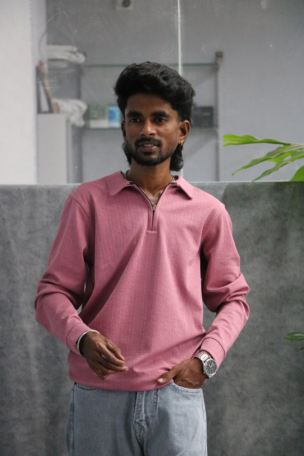 Men's Full Sleeve Quarter Zip Collar Casual Top Tshirt - Pink