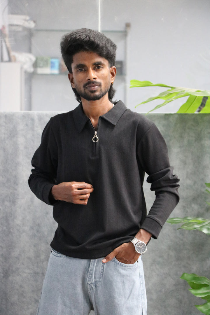Men's Full Sleeve Quarter Zip Collar Casual Top Tshirt - Black