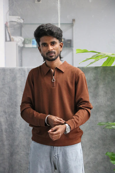 Men's Full Sleeve Quarter Zip Collar Casual Top Tshirt - Brown