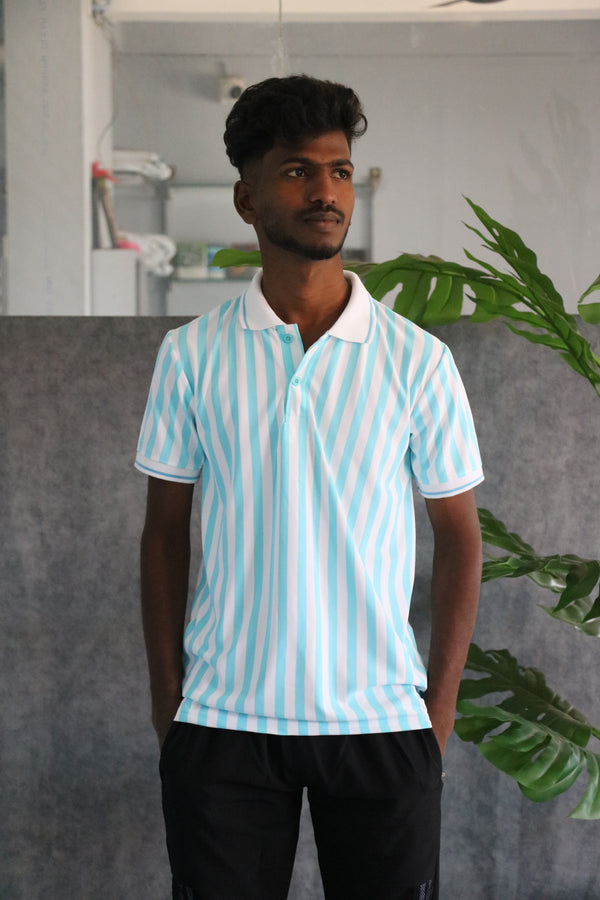 Men's Striped Polo Neck Short Sleeve T-Shirt - Sky Blue