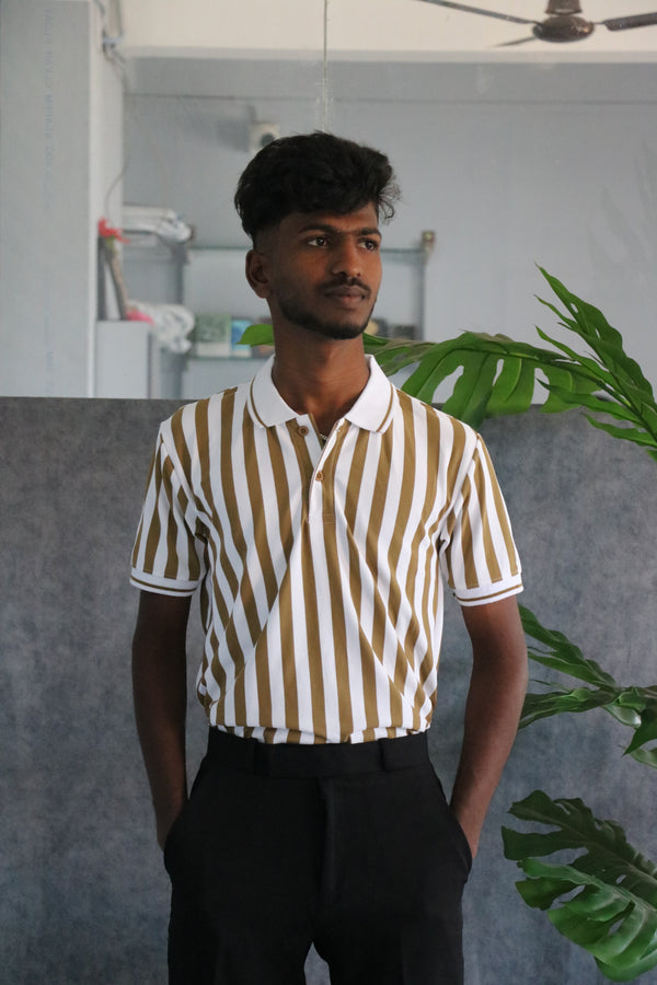 Men's Striped Polo Neck Short Sleeve T-Shirt - Olive Brown