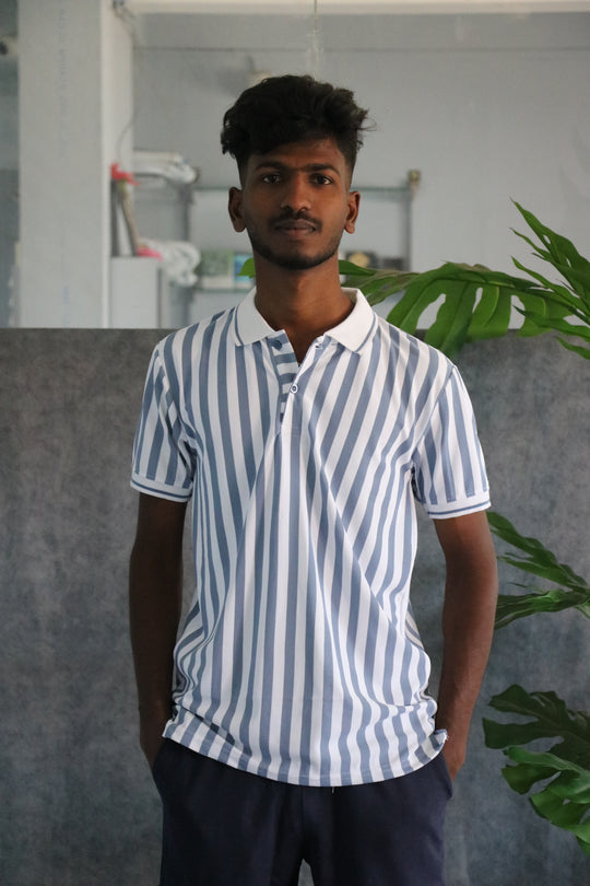 Men's Striped Polo Neck Short Sleeve T-Shirt - Steel Blue – 7MAN Men's Fashion India