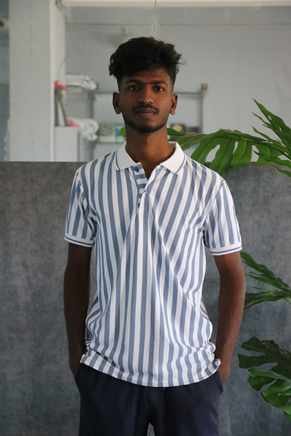 Men's Striped Polo Neck Short Sleeve T-Shirt - Steel Blue