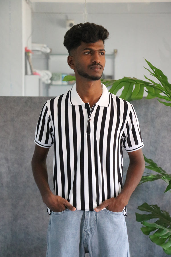 Men's Striped Polo Neck Short Sleeve T-Shirt - Black