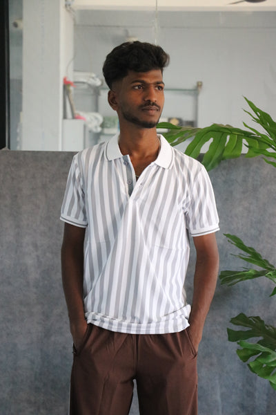 Men's Striped Polo Neck Short Sleeve T-Shirt - Light Gray